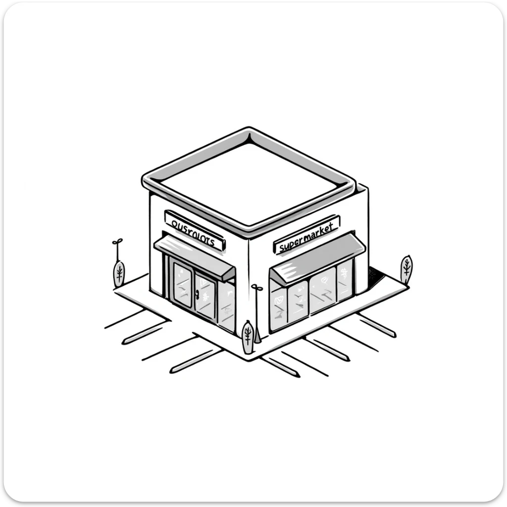 Isometric supermarket building with glass entrance, shopping cart return areas, and parking spaces sticker