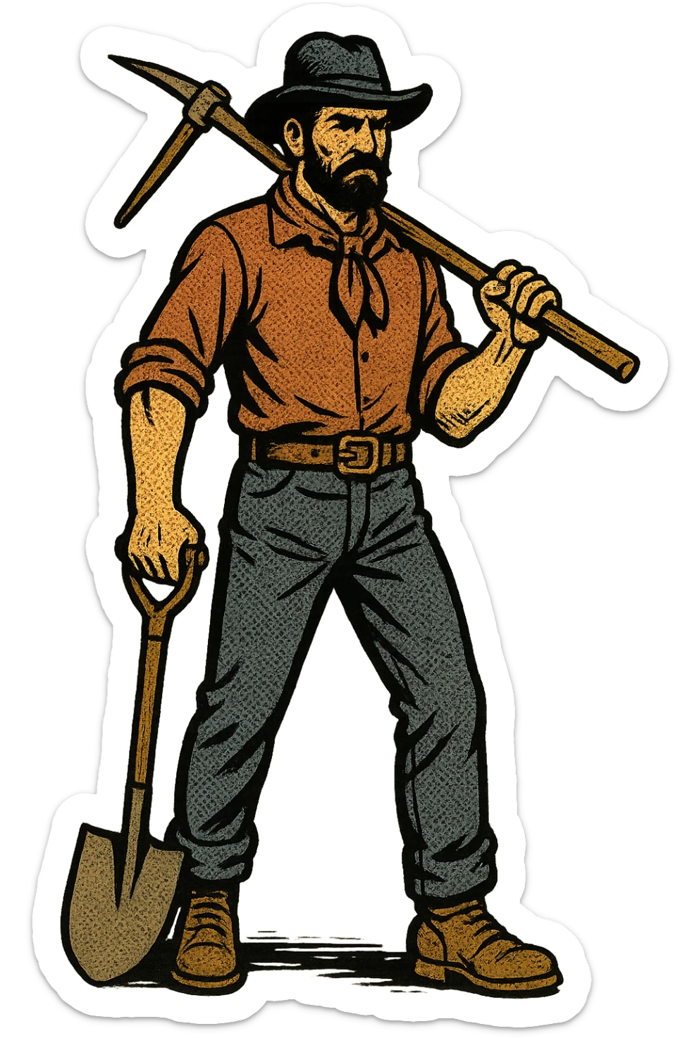 The full body of an American railroad worker from the 1860s in the American West holding tools and a shovel. sticker
