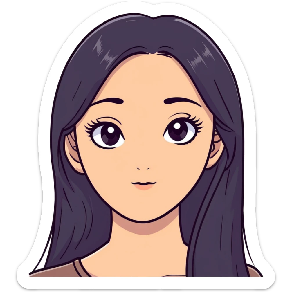 White girl with long oval shaped face, large almond shaped eyes with long eyelashes, long straight black hair falling in front of her bare shoulders, face closeup sticker
