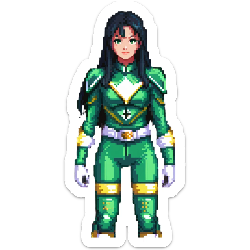 wasian girl in a green Power Ranger suit, black straight hair, black eyes sticker