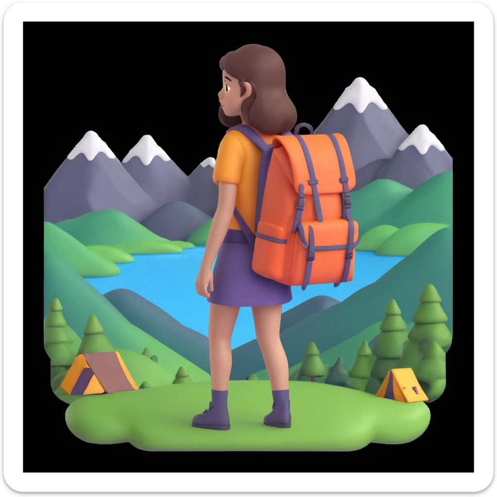 portrait of girl back packing mountains in background, close up pose sticker