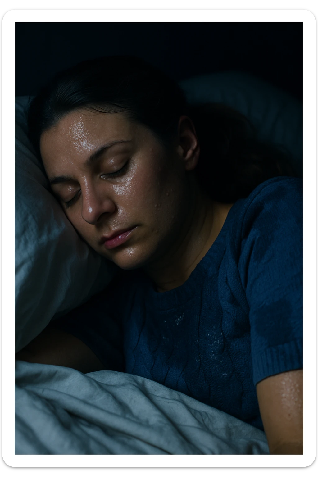 Realistic and cinematic vertical portrait of a woman sleeping at night, heavily sweating due to PCOS (polycystic ovary syndrome). The woman's face and features closely resemble the person in the reference photo. Nighttime atmosphere with realistic details including sweat-soaked sheets. Focus on hyper-realistic textures and lighting to convey the scene authentically. sticker