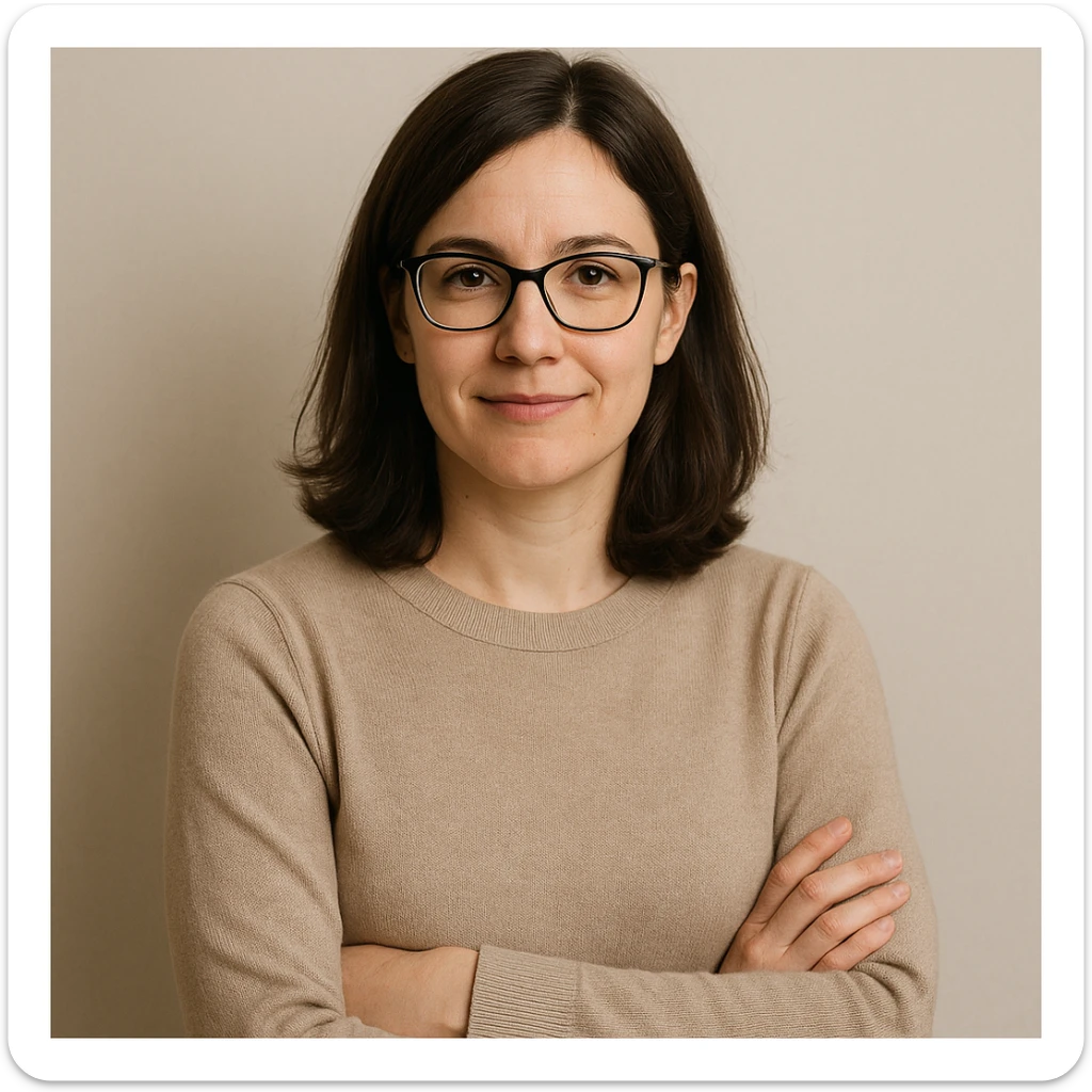 profesora de cabello castaño oscuro hasta los hombros con gafas, fondo simple sticker