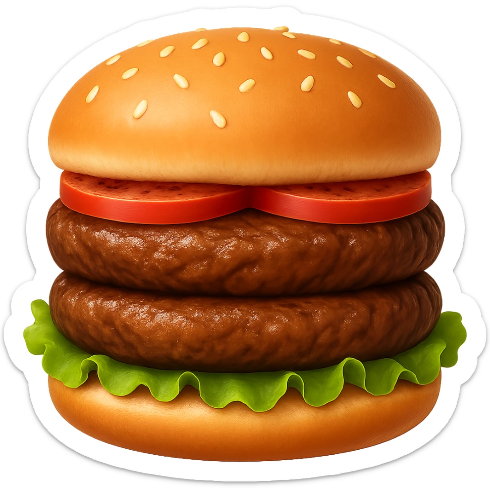 Edit the double burger emoji to have two beef patties, lettuce, tomato, and a sesame seed bun with no cheese. Remove the background. sticker