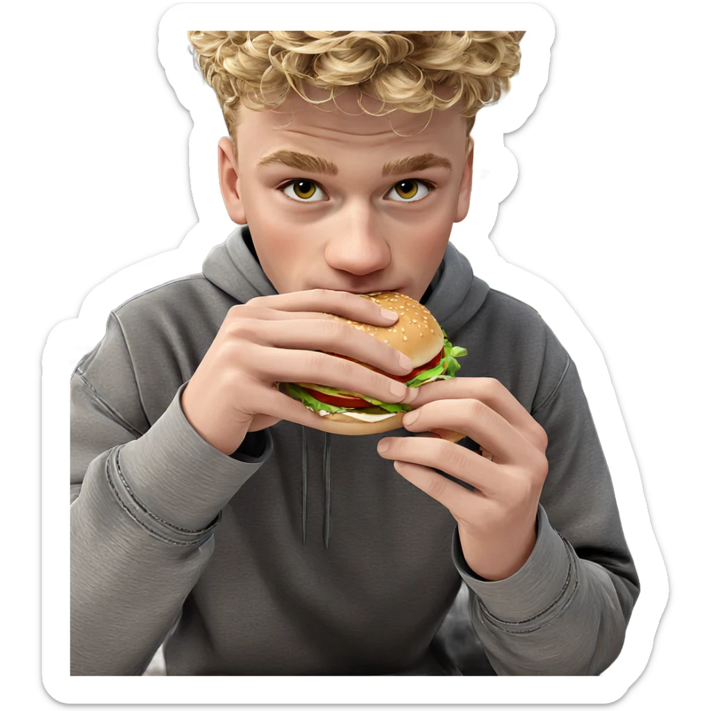 blonde boy enjoying a burger sticker