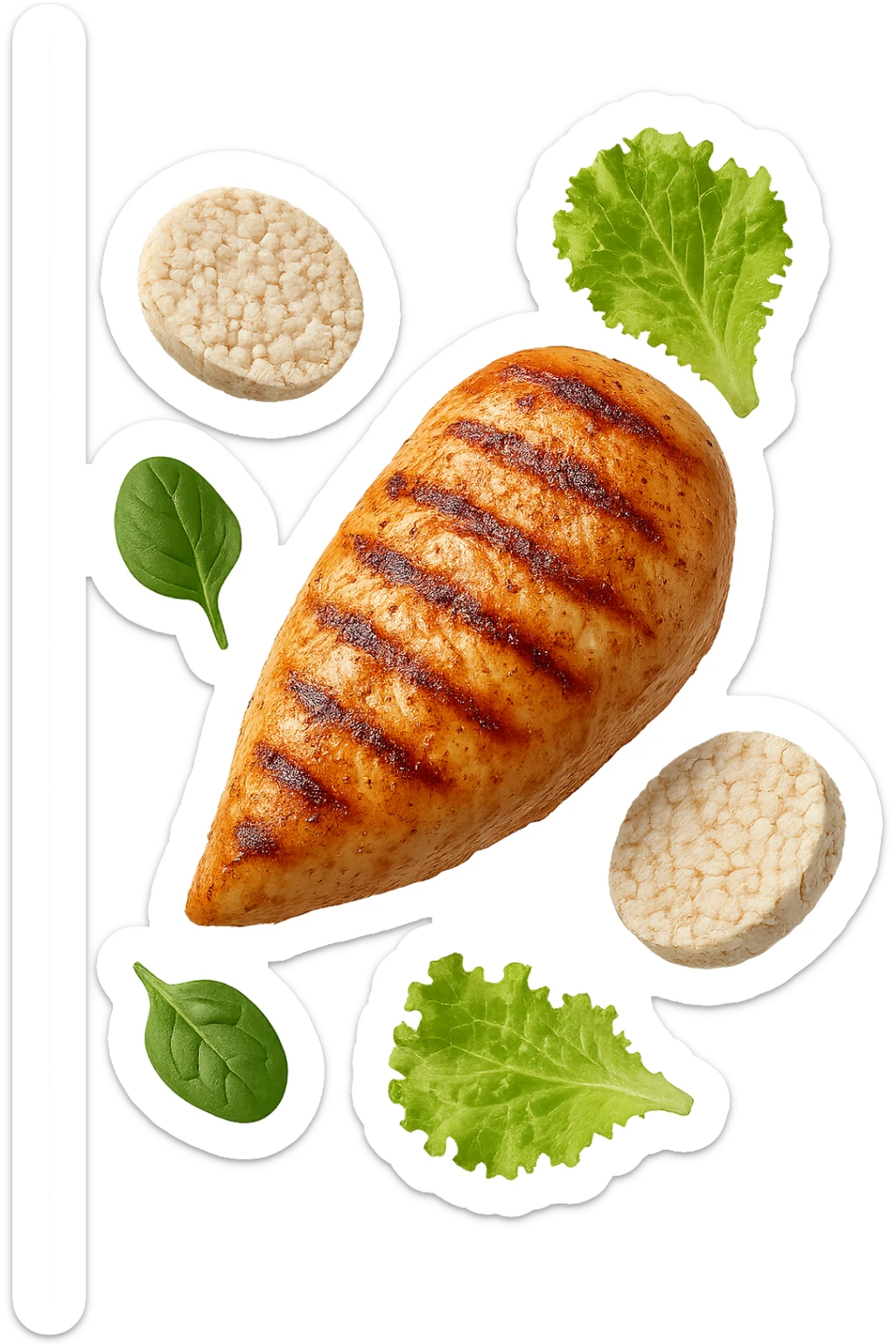 petto di pollo grigliato fluttua in aria insieme a gallette di riso e foglie di insalata, iperrealistico 4k sticker