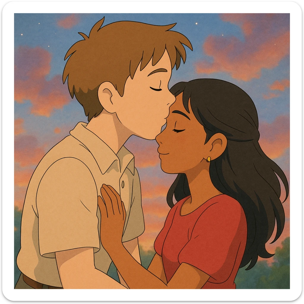 a boy named Joel kissing a girl named Madhu, affectionate, romantic, ghibli style sticker