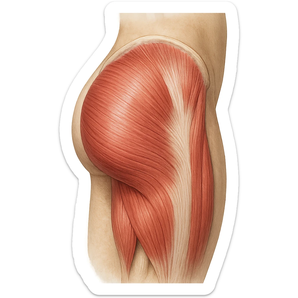 realistic and educational illustration of the gluteus maximus muscle, lateral view, anatomical details, neutral background, no explicit references to sensitive parts sticker