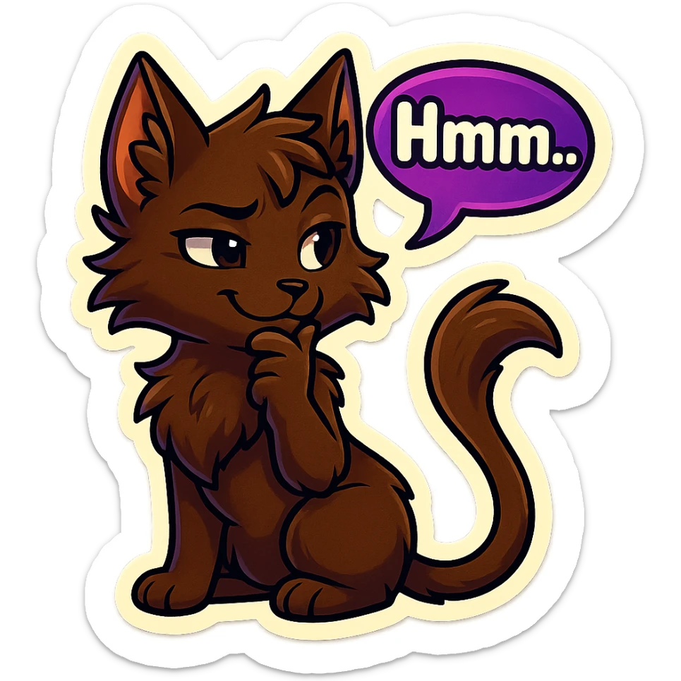 a dark-brown fluffy cute kawaii anthropomorphic furry anime cat-furry with tufted ears and a long thin tufted tail, thinking, smirking thoughtfully, saying “Hmm..” with a purple speech bubble, (cartoon style) (cute anime style) (furry style) (deviantArt style) (artist style: Kamirah) sticker