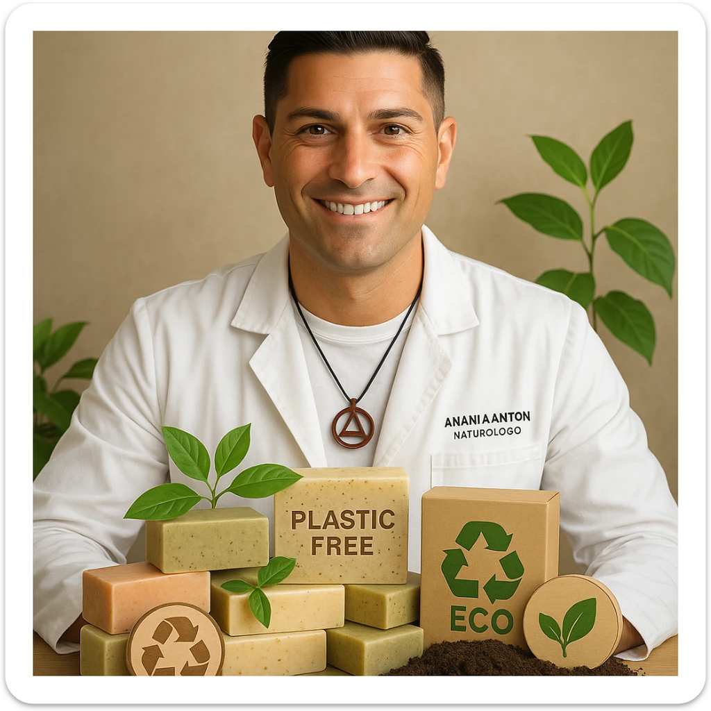 Create a realistic image of Antonio Anania with the appearance of the person in the reference photo. He is surrounded by natural soaps with visual elements that communicate their environmental benefits, such as eco-friendly symbols, leaves, and clean soil. The tone should be positive and natural, emphasizing that the soaps are plastic-free and good for the environment. sticker