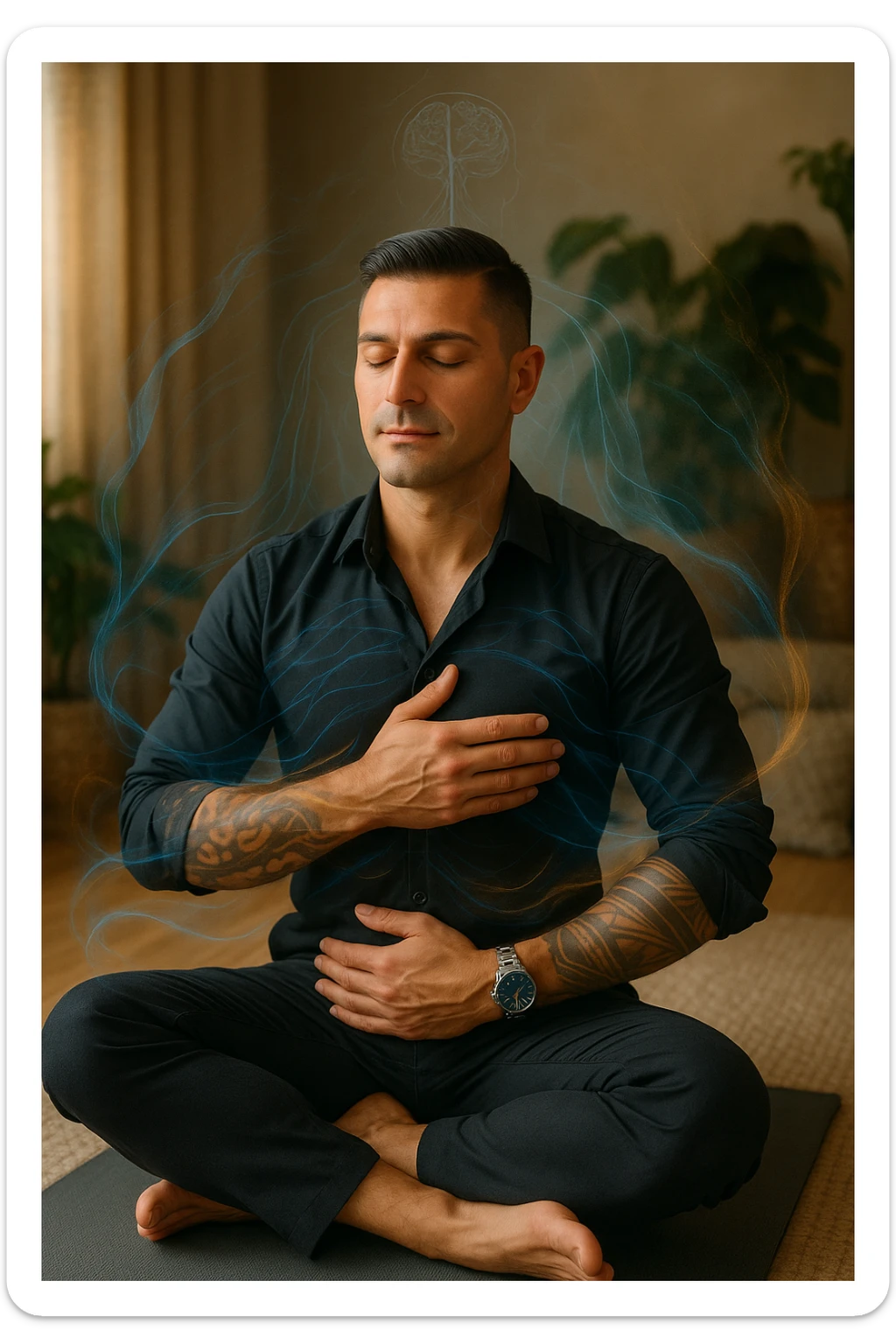 A highly realistic, cinematic portrait of a man in his early 30s with a calm, focused expression, sitting cross-legged on a yoga mat in a softly lit, peaceful room with warm, natural light. His eyes are gently closed as he practices slow, deep breathing, with one hand on his chest and the other on his abdomen, visibly rising and falling, symbolizing diaphragmatic breathing. Subtle blue and warm golden light waves gently swirl around him, visually representing the calming of anxiety, stress, and depressive thoughts. His posture is upright but relaxed, with relaxed shoulders and a slight serene smile on his lips, showing emotional relief and inner calm. The background has green plants and soft textures, evoking a peaceful and healing environment. The style is 35mm hyperrealistic photography with soft depth of field, focusing on his peaceful face and breathing posture, while faint overlays of nervous system diagrams and gentle energy waves hint at the healing power of conscious breathing on the mind and body sticker