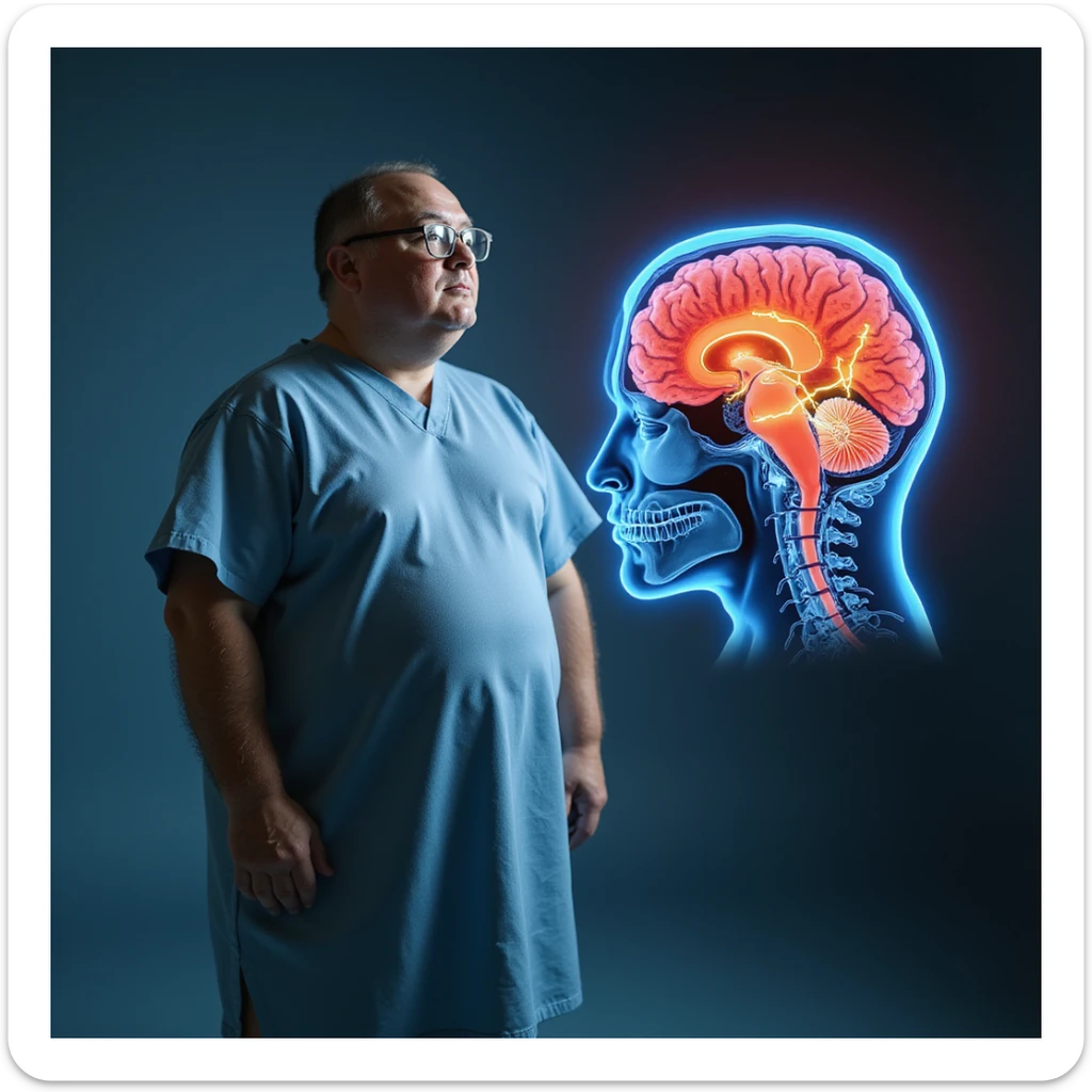 hyper-realistic medical CGI of an obese man in a hospital gown with a brain scan floating beside him showing inflamed hippocampus in red, shrunken prefrontal cortex, yellow lightning for glucose spikes, black amyloid plaques, constricted blood vessels, 4K clinical sticker