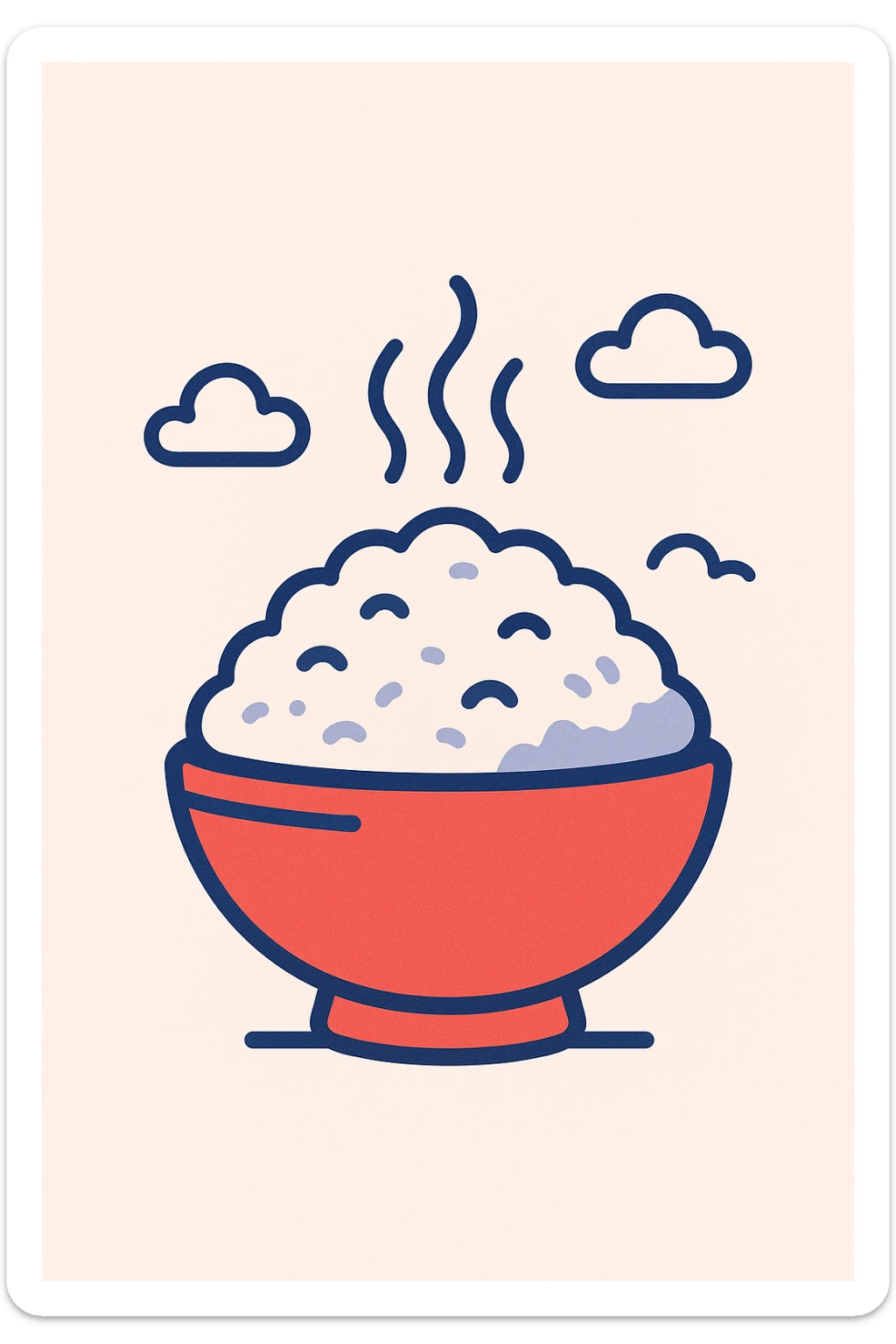 simple cartoon red bowl of rice with steam, flat design, minimal details sticker