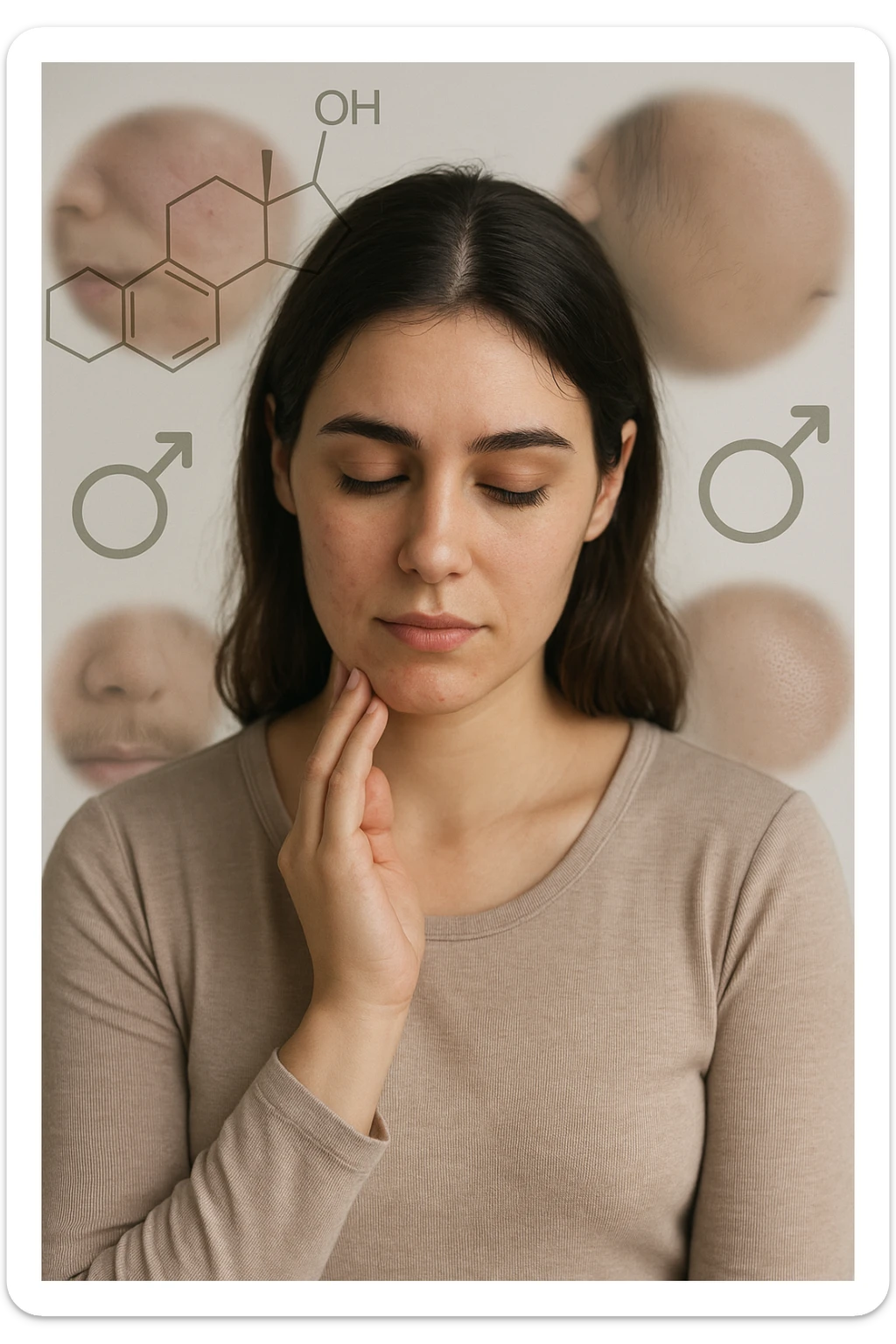 A young woman is surrounded by faint overlays of hormonal symbols and androgen molecules, with shadowy images of acne, facial hair, and oily skin projected around her, symbolizing the symptoms of PCOS with androgen excess. She looks down, gently touching her face with a resigned but hopeful expression, symbolizing her journey toward managing these symptoms. in italiano sticker