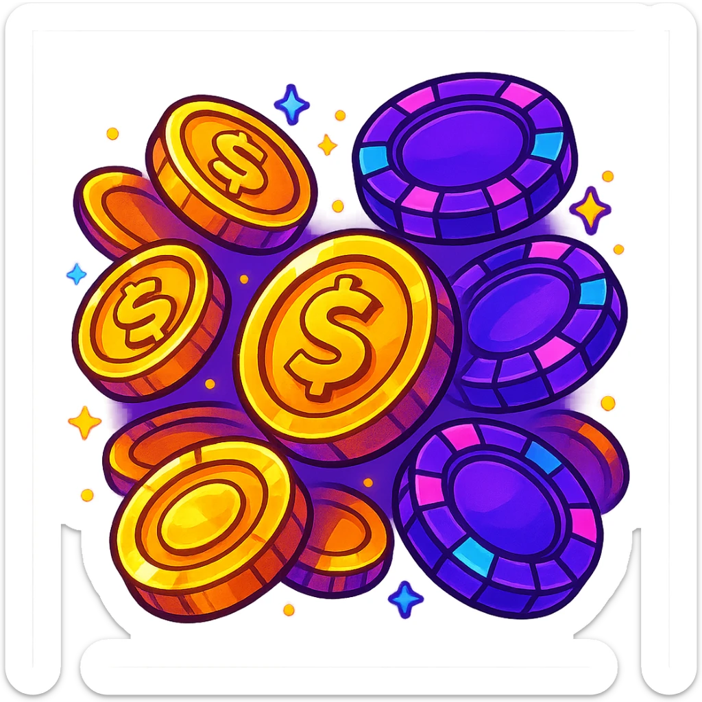 golden coins and casino chips, Twitch style, vibrant colors, digital art style sticker