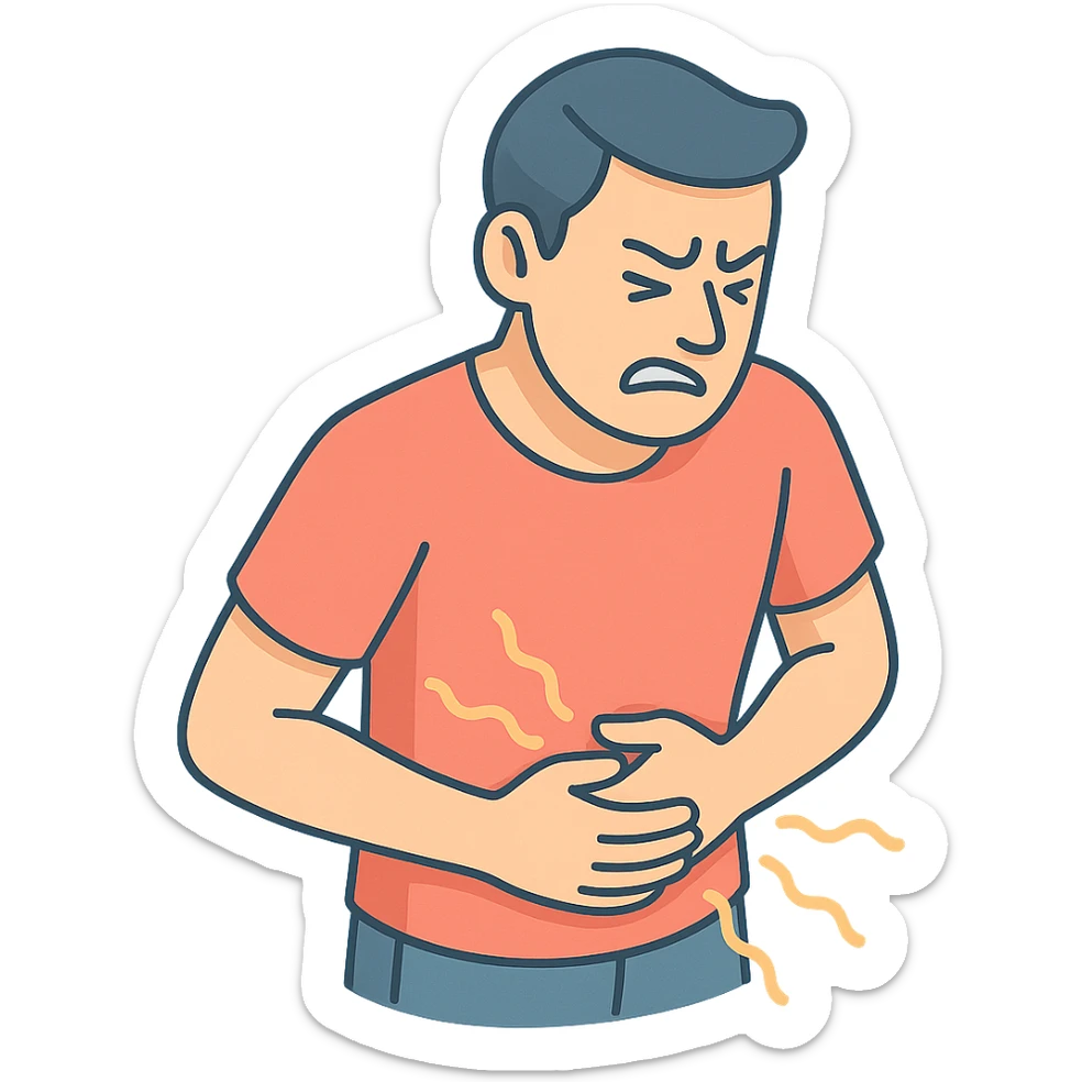 A very detailed 2D isometric style illustration of a person (patient) with a stomach ache, shown from the waist up in a close-up. The person is holding their stomach and grimacing in pain, with pain waves radiating from the stomach area similar to the fourth variant in the references. The style features soft rounded shapes, shadows and highlights, clean contours, and a pastel color palette. The illustration is modern and has a transparent background. sticker