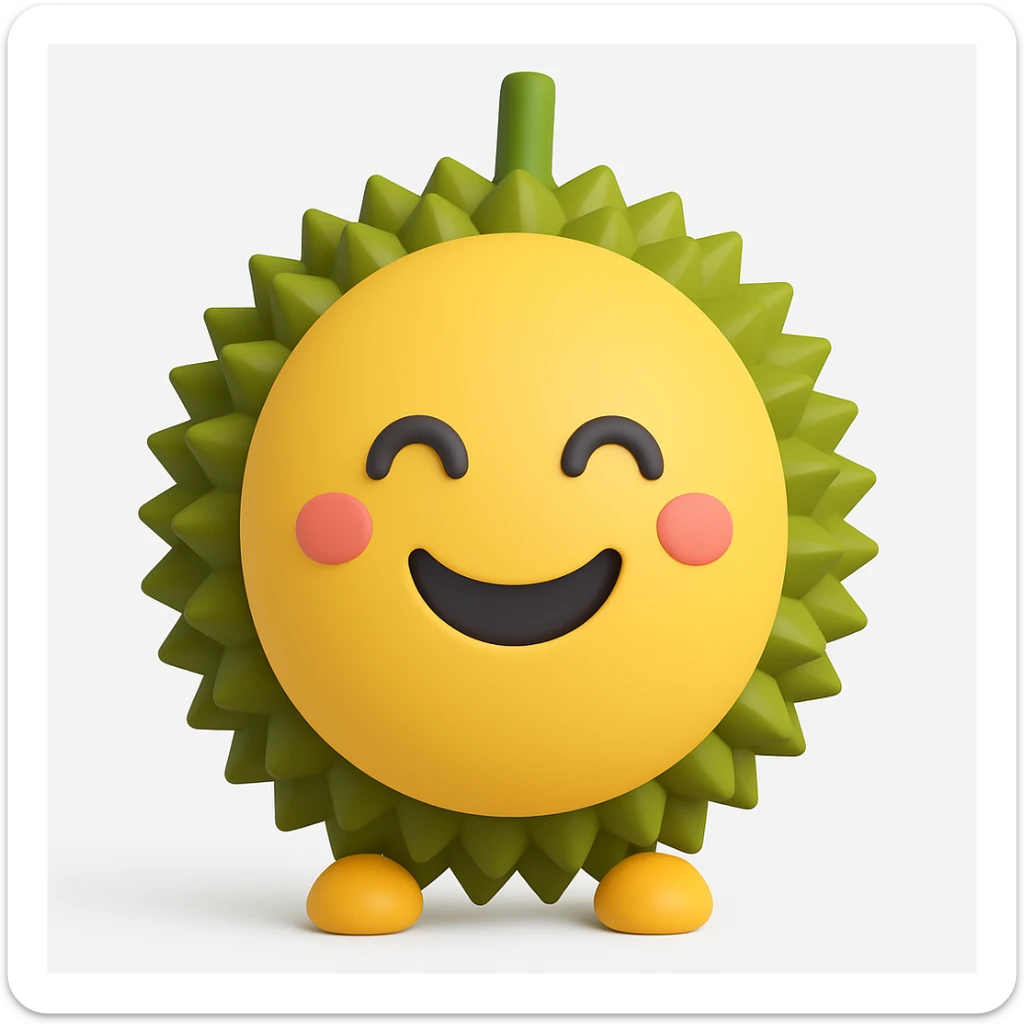 Change the expression of the durian character to a happy face, keeping all other characteristics the same, in the style of microsoft style 3d fluent emojis. sticker