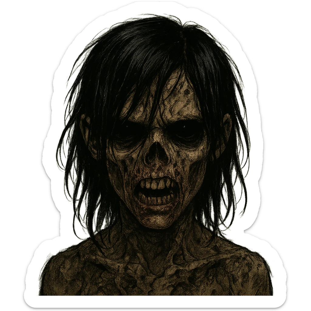 boy zombie with black hair, emo style, creepy, long hair, scary, black eyes, brown skin, more intense expression sticker
