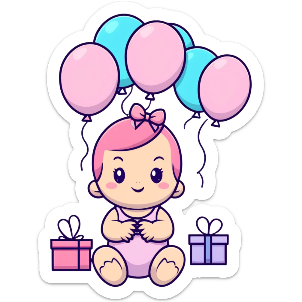 happy baby girl surrounded by pastel pink balloons and presents at birthday party sticker