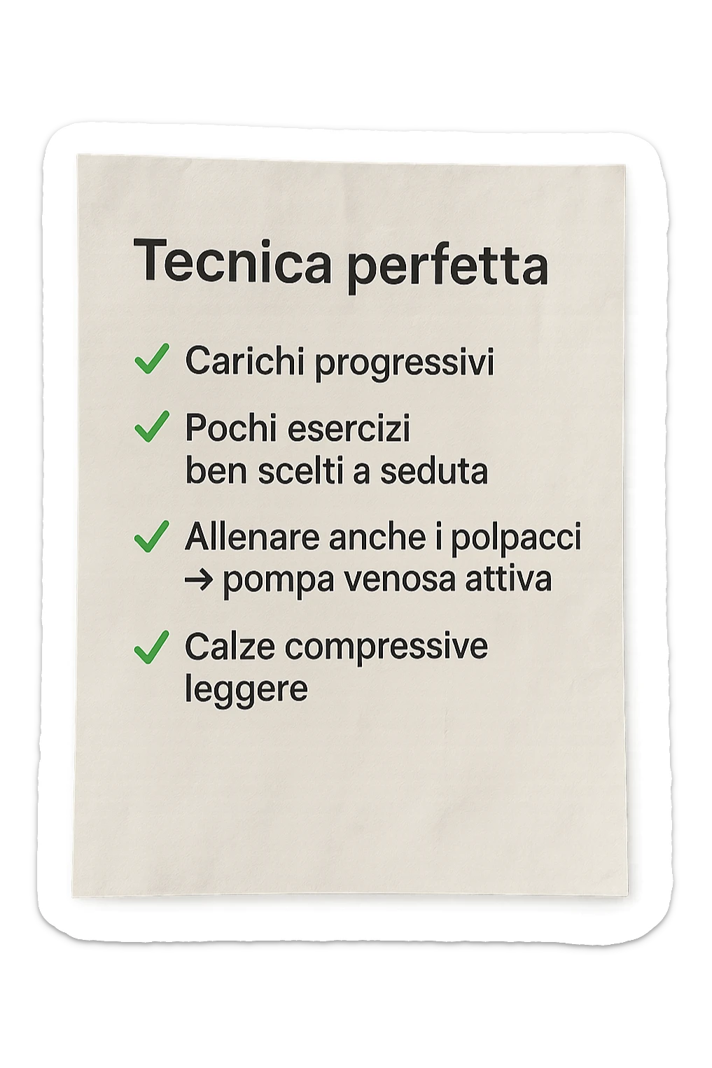 FOGLIO DI CARTA PER L'ALLENAMENTO IN PALESTRA CON LA SCRITTA "Tecnica perfetta
 ✅ Carichi progressivi
 ✅ Pochi esercizi ben scelti a seduta
 ✅ Allenare anche i polpacci → pompa venosa attiva
 ✅ Calze compressive leggere" , IPERREALISTICA 4K sticker