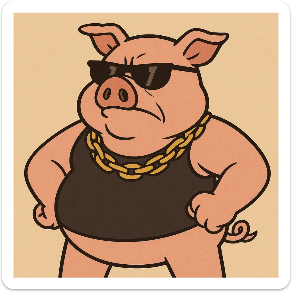 boss hog piggy, tough pig with sunglasses, gold chain, confident stance, cartoon style sticker