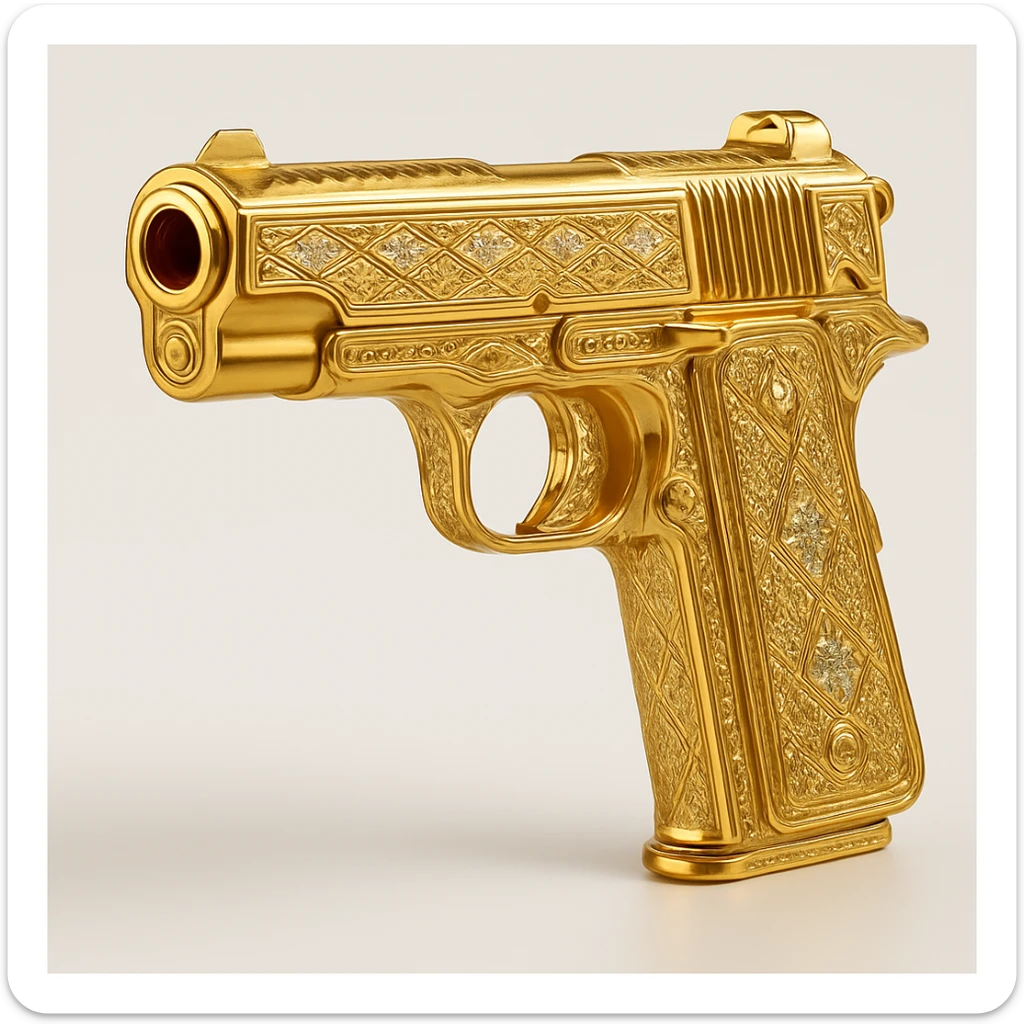 Add diamond details to the golden gun, keep it ornate and reflective, in gold objects style. sticker