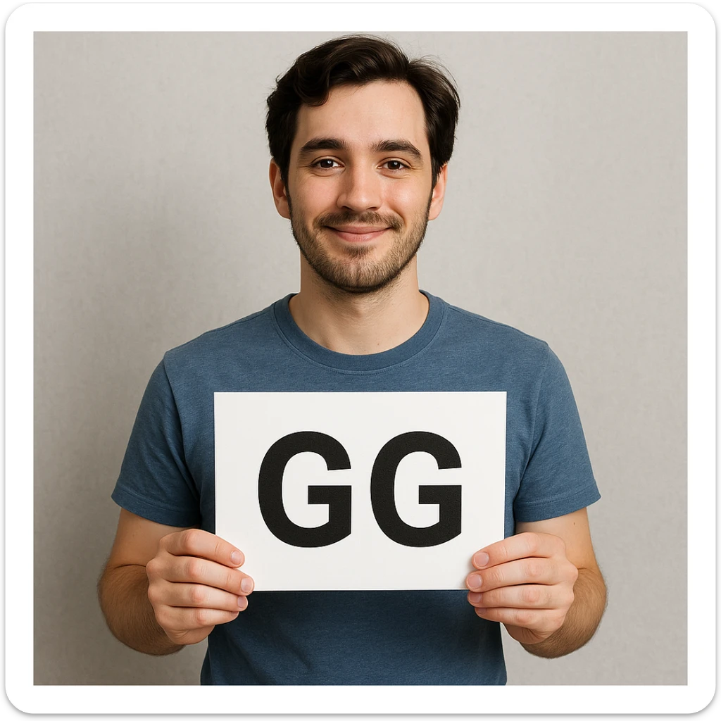 The person in the image is holding the GG sign with both hands in front of them, the person remains the same. sticker