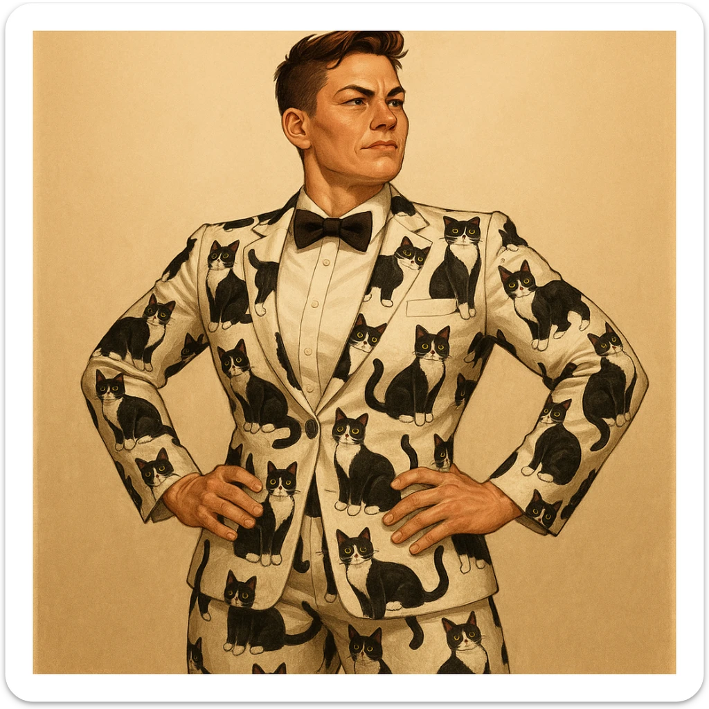 masculine woman with short brown hair and a tuxedo cat, style 1 sticker