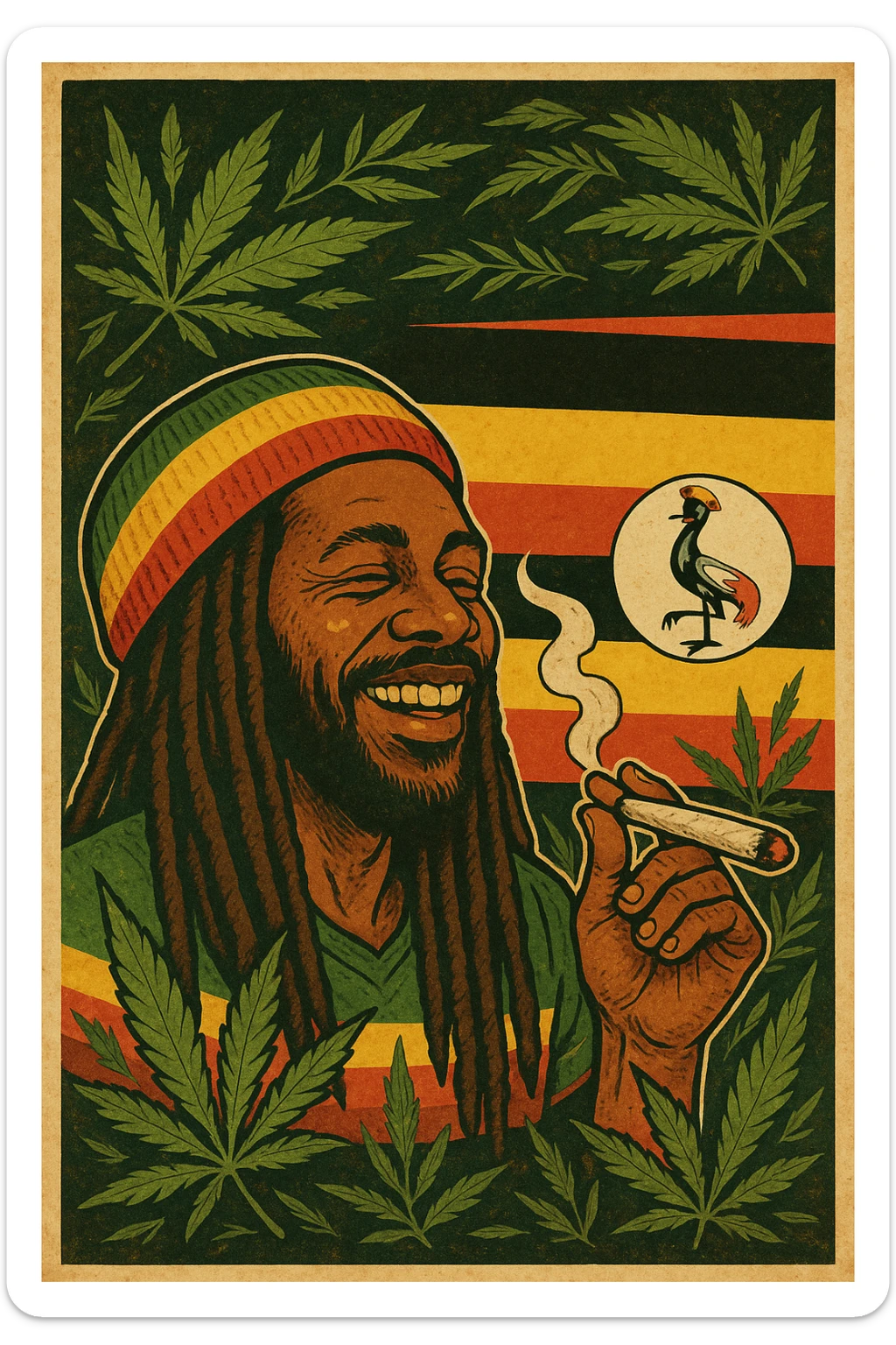 “A digital vintage-style poster illustration of a smiling Ugandan Rasta man with long dreadlocks, wearing a red, yellow, green striped tam hat. He is smoking a herbal spliff. The background features the authentic Uganda flag with accurate black, yellow, and red horizontal stripes, and includes the official grey crowned crane emblem on the right side. Surround the scene with stylized cannabis leaves and Rasta colors to enhance the reggae vibe. Use a warm, textured retro color palette and artistic shading to give it a nostalgic roots feel. The mood should be positive, vibrant, and soulful — honoring Ugandan culture and Rasta lifestyle.” sticker