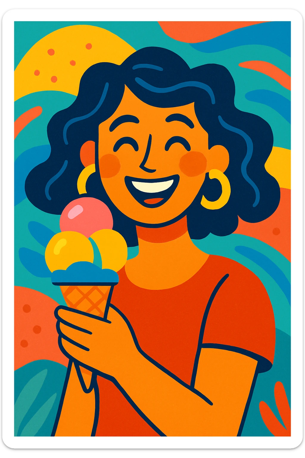 a woman enjoying an ice cream cone, playful and colorful, vibrant toon style illustration sticker
