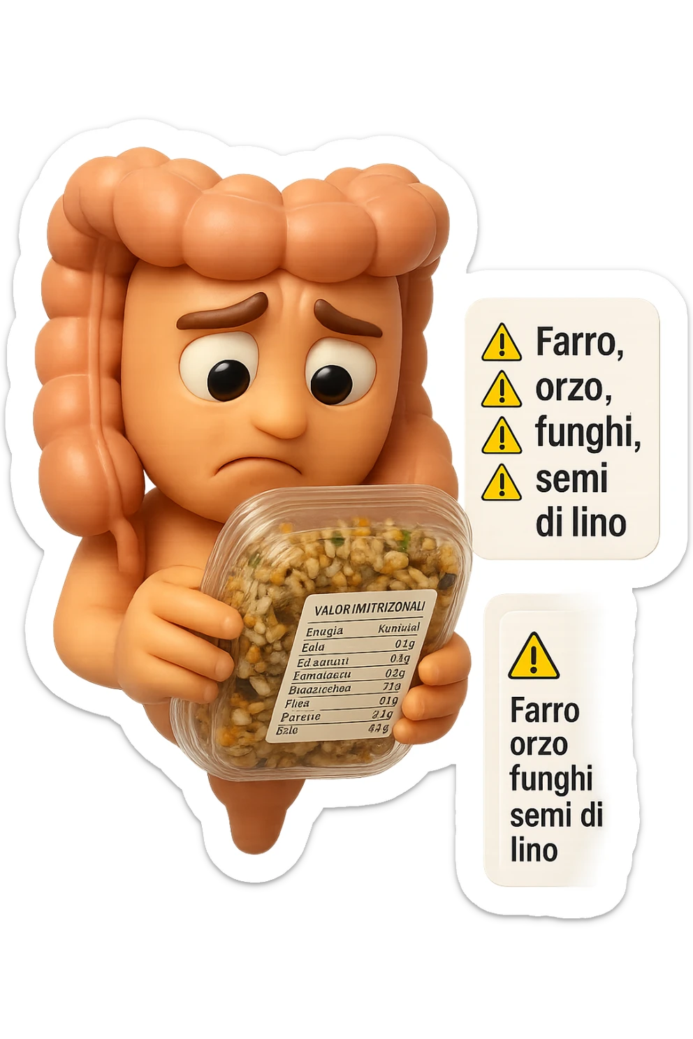 SU QUESTO STILE FAI UN EMOJI STILE IPHONE 3D DI UN INTESTINO CHE HA IN MANO UN insalata di farro mista CONFEZIONATa DA SUPERMERCATO E LEGGE L'ETICHETTA NUTRIZIONALE CON GLI INGREDIENTI IN ITALIANO, ACCANTO ALL'insalata CHE HA IN MANO C'è UN FOCUS SULL'ETICHETTA CON GLI INGREDIENTI SCRITTI, "Farro, orzo, funghi, semi di lino" accanto ad ogni nome scritto mettici un segnale di allarme, FAGLI UN ESPRESSIONE CONFUSA MENTRE LEGGE E FALLO MOLTO REALISTICO IN 3D sticker