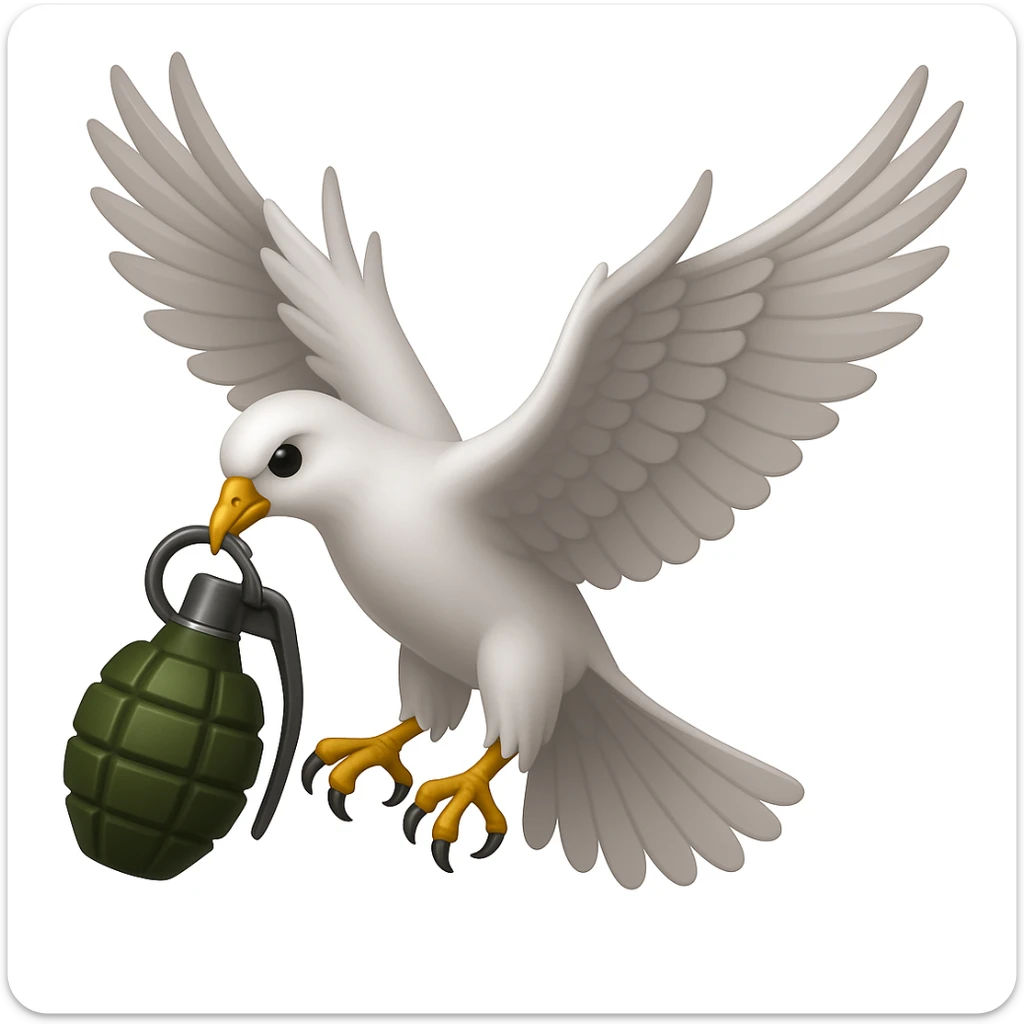a flying dove holding a grenade in its paws, inspired by the Hollywood Undead logo, in the style of Apple emoji sticker