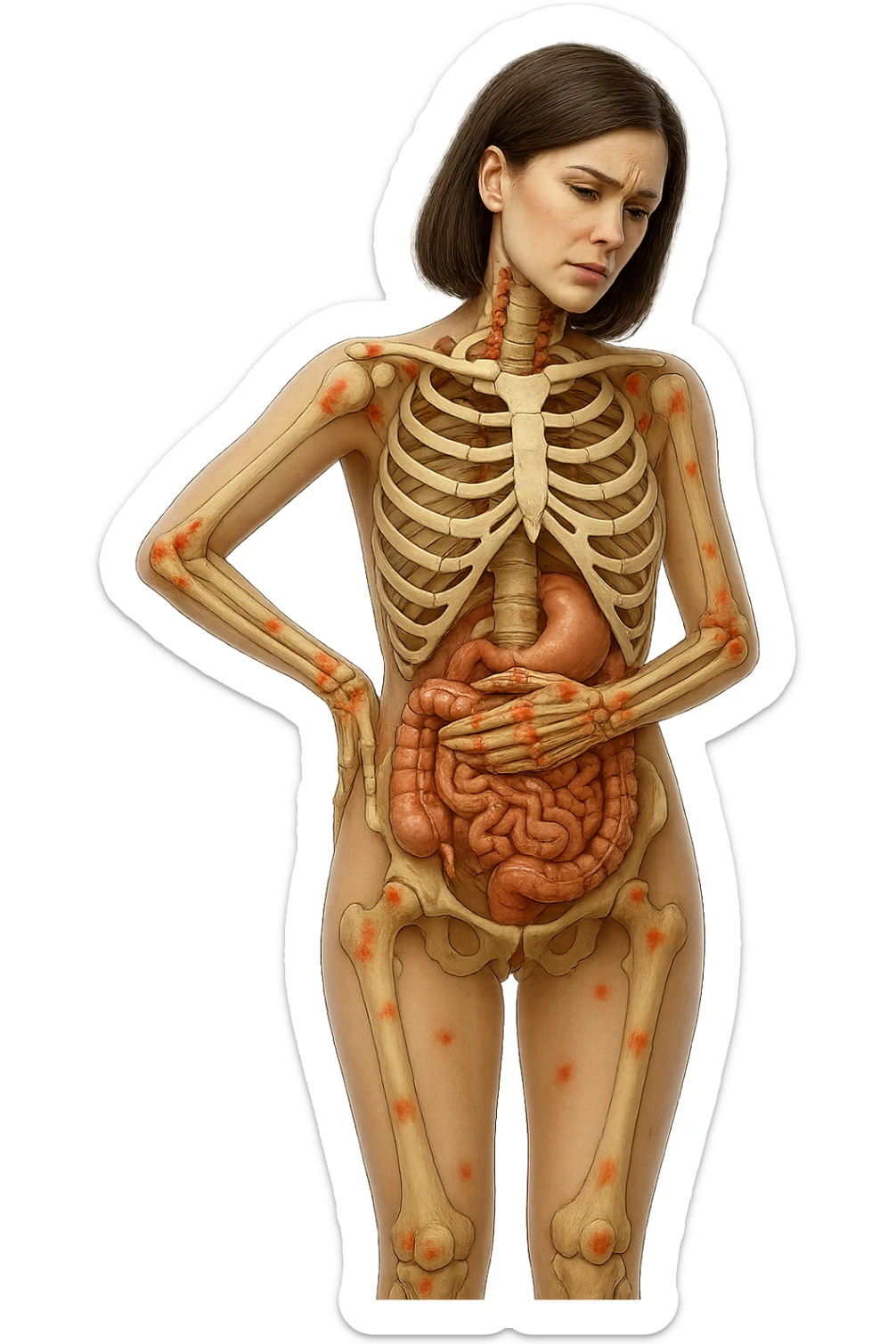 donna realistica a figura intera con red spot sparsi alle ossa, ossa del corpo visibili sul corpo, non sul volto iperrealistico 4k sticker