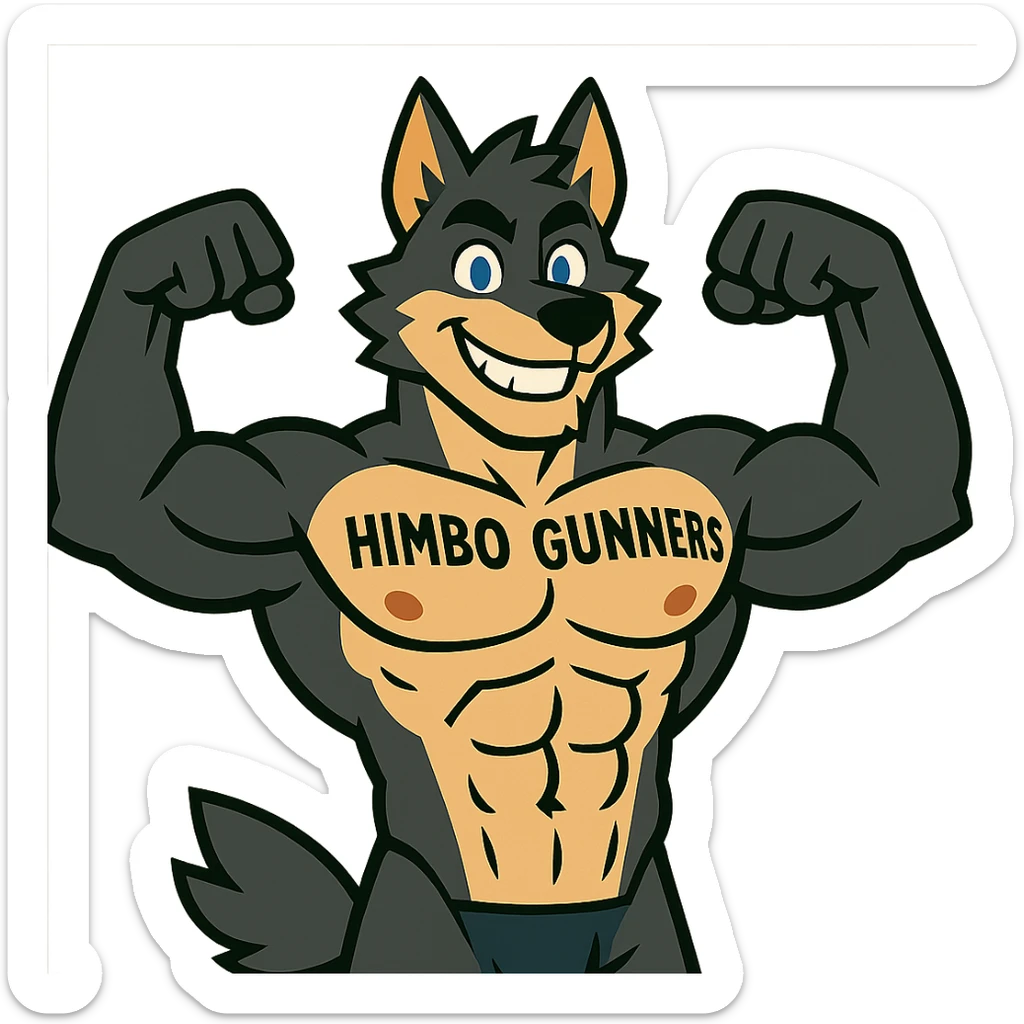extremely muscular and handsome wolf furry, shirtless, with 'Himbo Gunners' tattooed across his chest, flexing pose, big friendly grin, attractive face and physique sticker