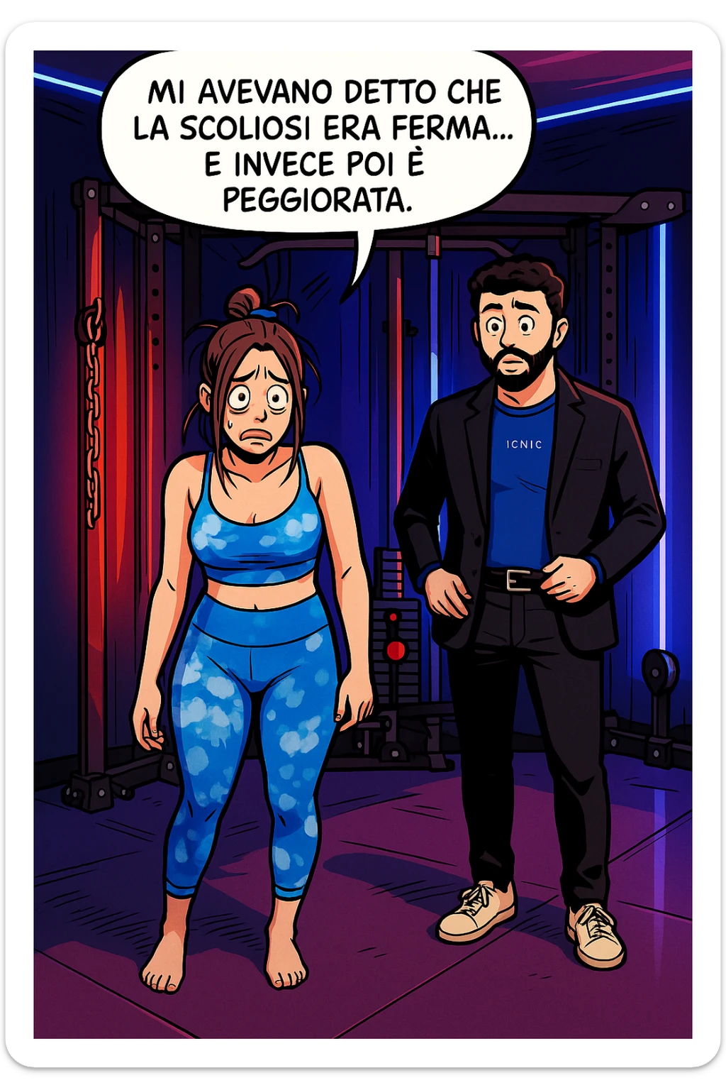 fai questa immagine in versione fumetto/manga/webtoon a colori, il manga mostra la donna disperata con un fumetto sulla testa che dice:
Mi avevano detto che la scoliosi era ferma… e invece poi è peggiorata.
 sticker