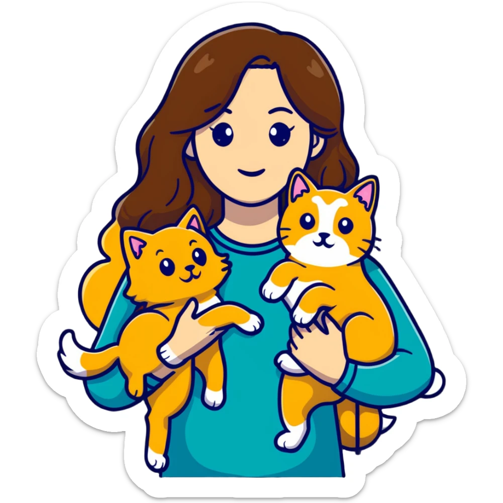 Beautiful woman with long brown hair holding a golden retriever and three cats sticker
