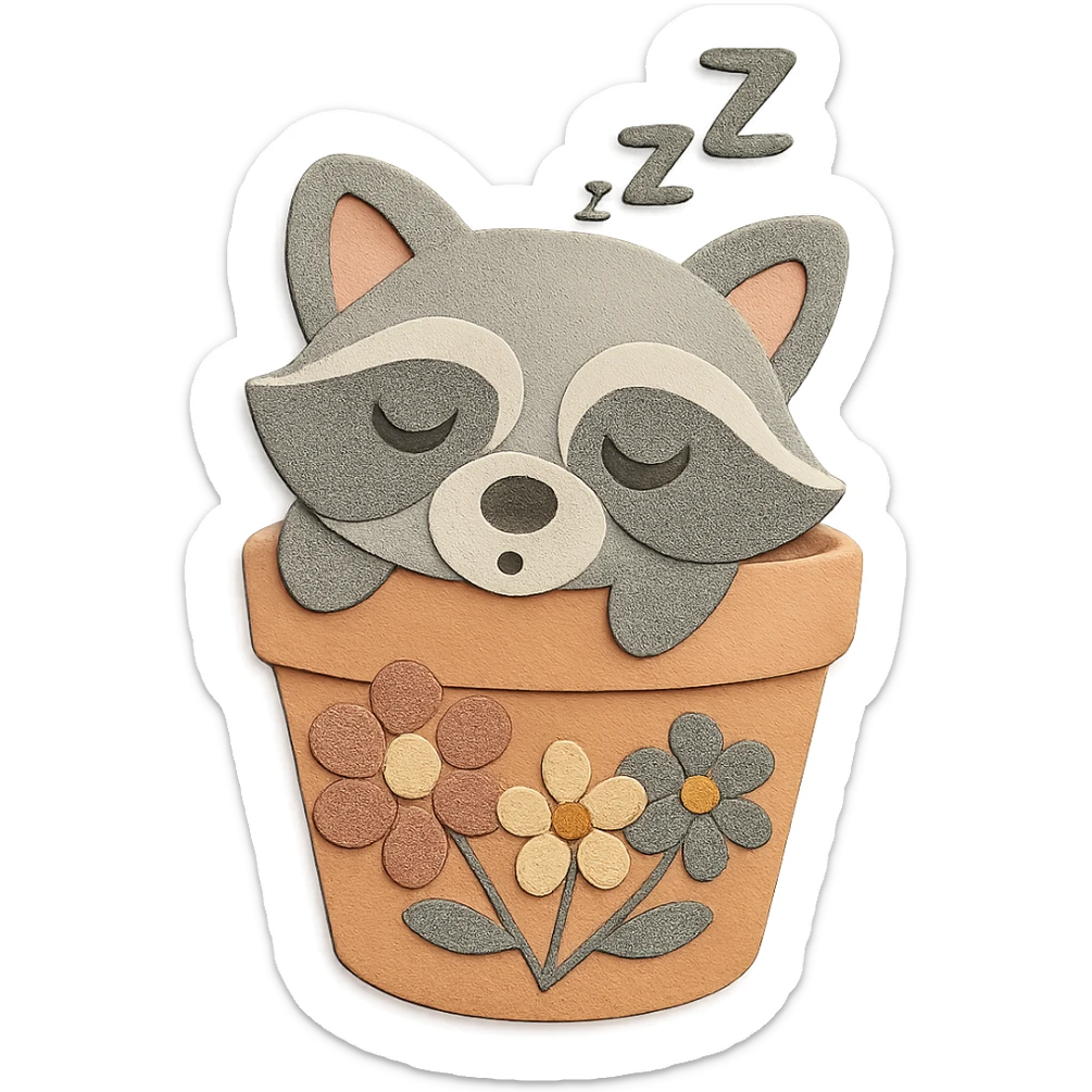 Add some flower designs to the flower pot, keeping the raccoon and pot unchanged. Use pastel earthy colors sticker