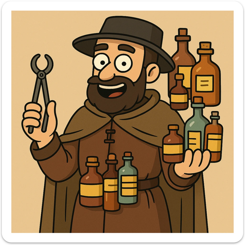 Tudor doctor holding medicine bottles and medical equipment in flat toon cartoon style, simple shapes, bold colors, clean lines, minimal shading sticker