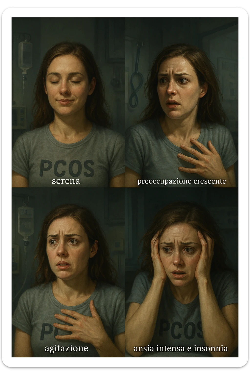 vertical realistic cinematic illustration in Italian showing the progression of anxiety in a woman with PCOS. From left to right: serene expression, growing worry, agitation, to intense anxiety and insomnia. Clinical atmosphere, dramatic lighting, Italian captions, aspect ratio 2:3. sticker