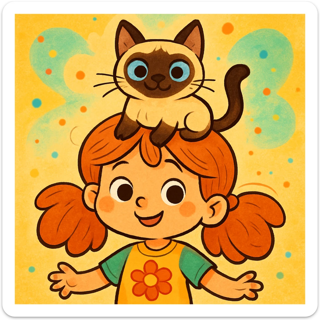 a cute girl with a siamese cat on her head, cartoon style, colorful and playful sticker
