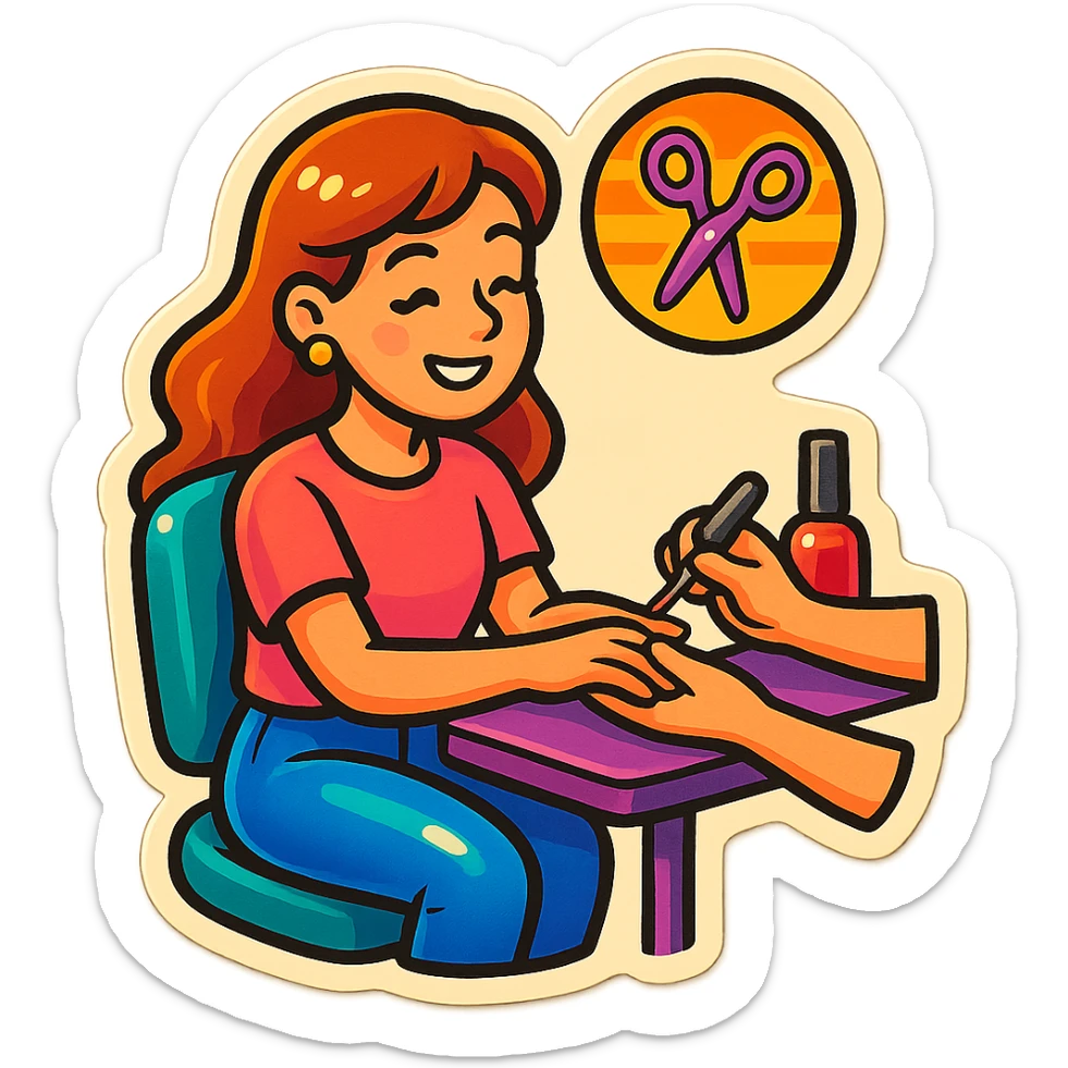 a girl sitting in a beauty salon getting a manicure, vibrant and playful sticker