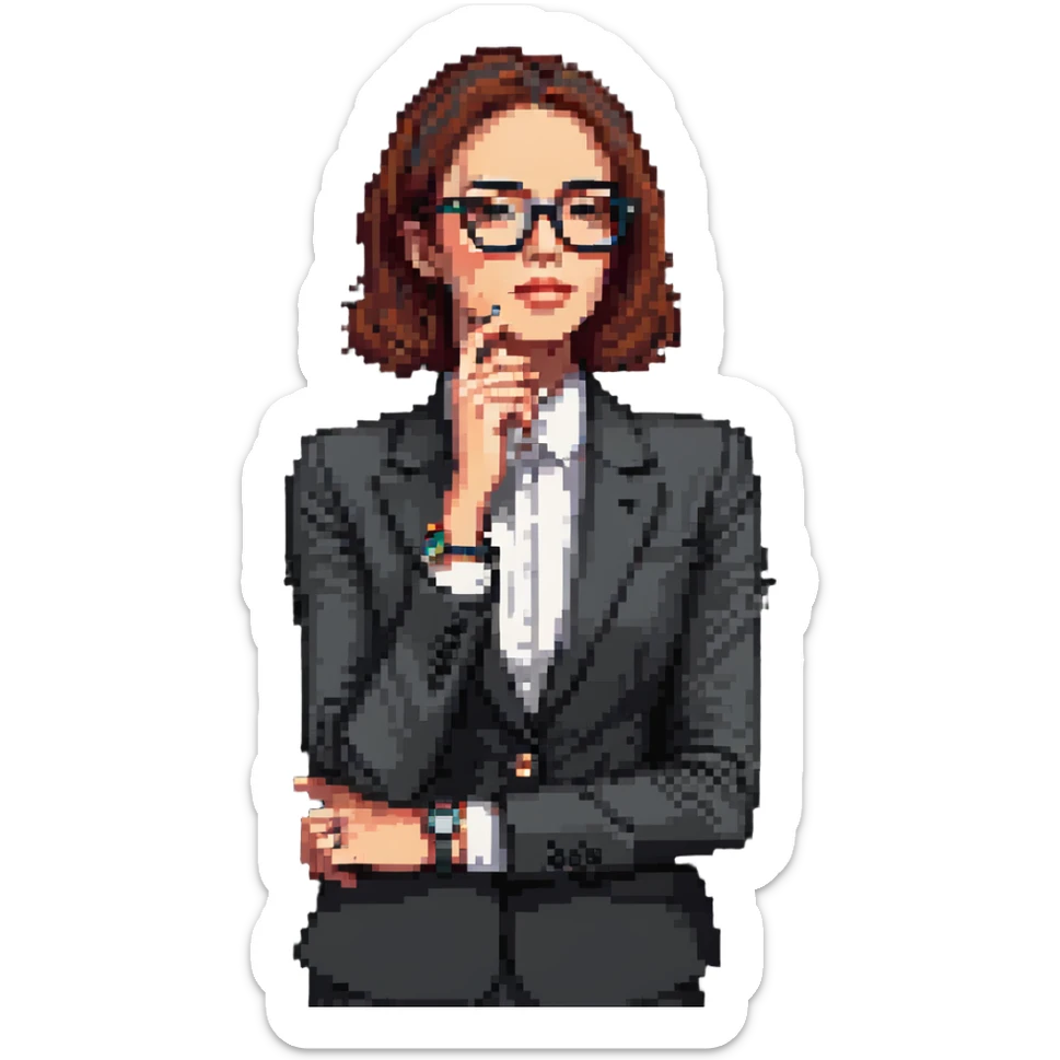 pixel art image of a businesswoman in a suit, waist up, hand under chin, looking to the side thoughtfully, wearing stylish glasses, luxury watch visible on wrist, contemplative and curious mood, clean background sticker