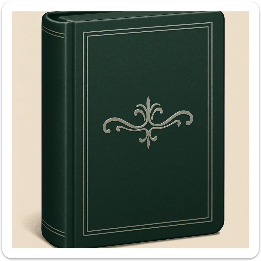 Create an emoji of a classic French book inspired by 'À la recherche du temps perdu' with a dark green cover, silver title, elegant and minimal design, no text. Maintain a classic and refined look. sticker
