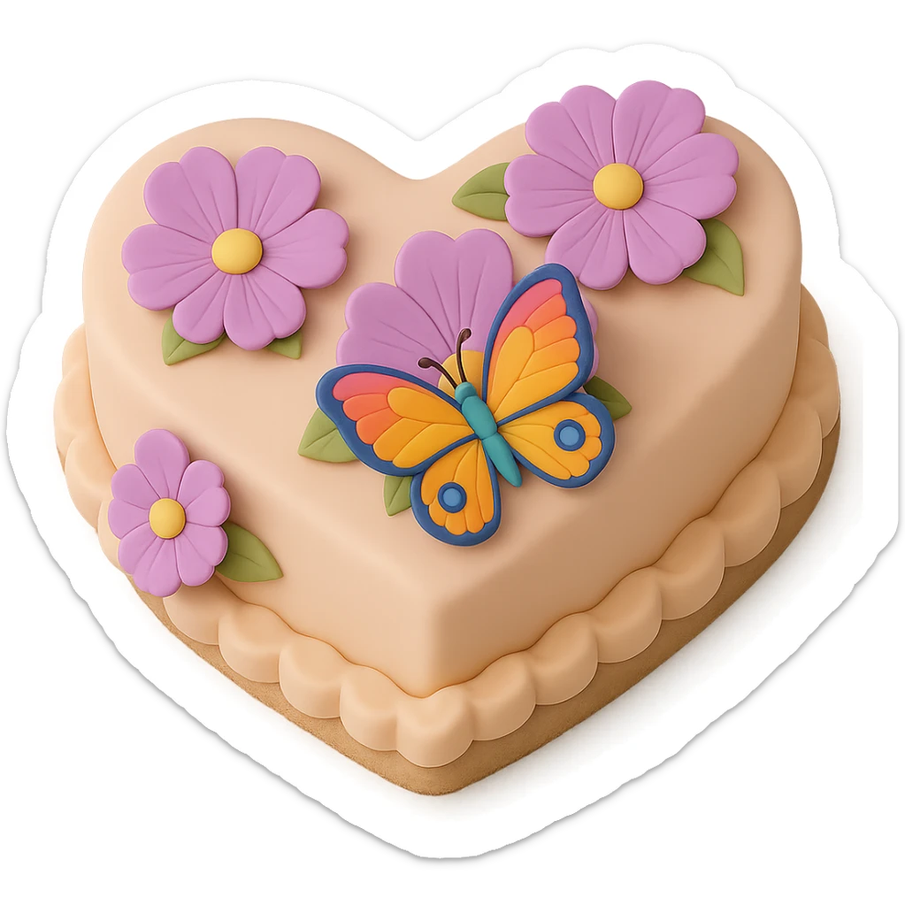 Add a colorful butterfly to the heart-shaped fondant cake with purple flowers, fondant cake art style, keep transparent background. sticker