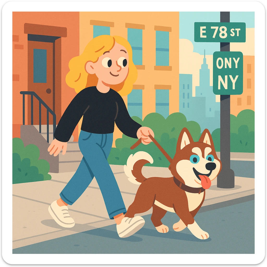Cute Blonde woman wearing a black sweater and jeans and white sneakers walking a happy red-brown blue-eyed Siberian husky in New York City on an upper east side city sidewalk  sticker