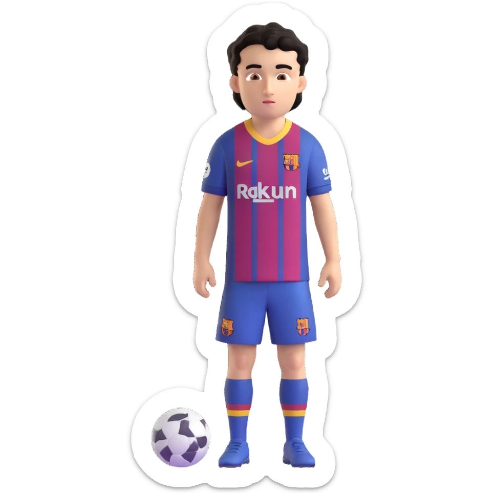 young male footballer with short curly black hair, brown eyes, confident look, in FC Barcelona kit, oversized eyes, smooth shading sticker