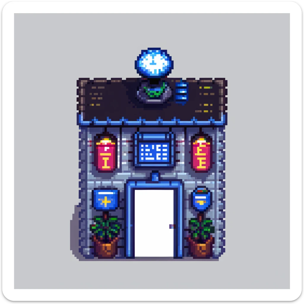pixel art city police station with flashing lights and police sign sticker