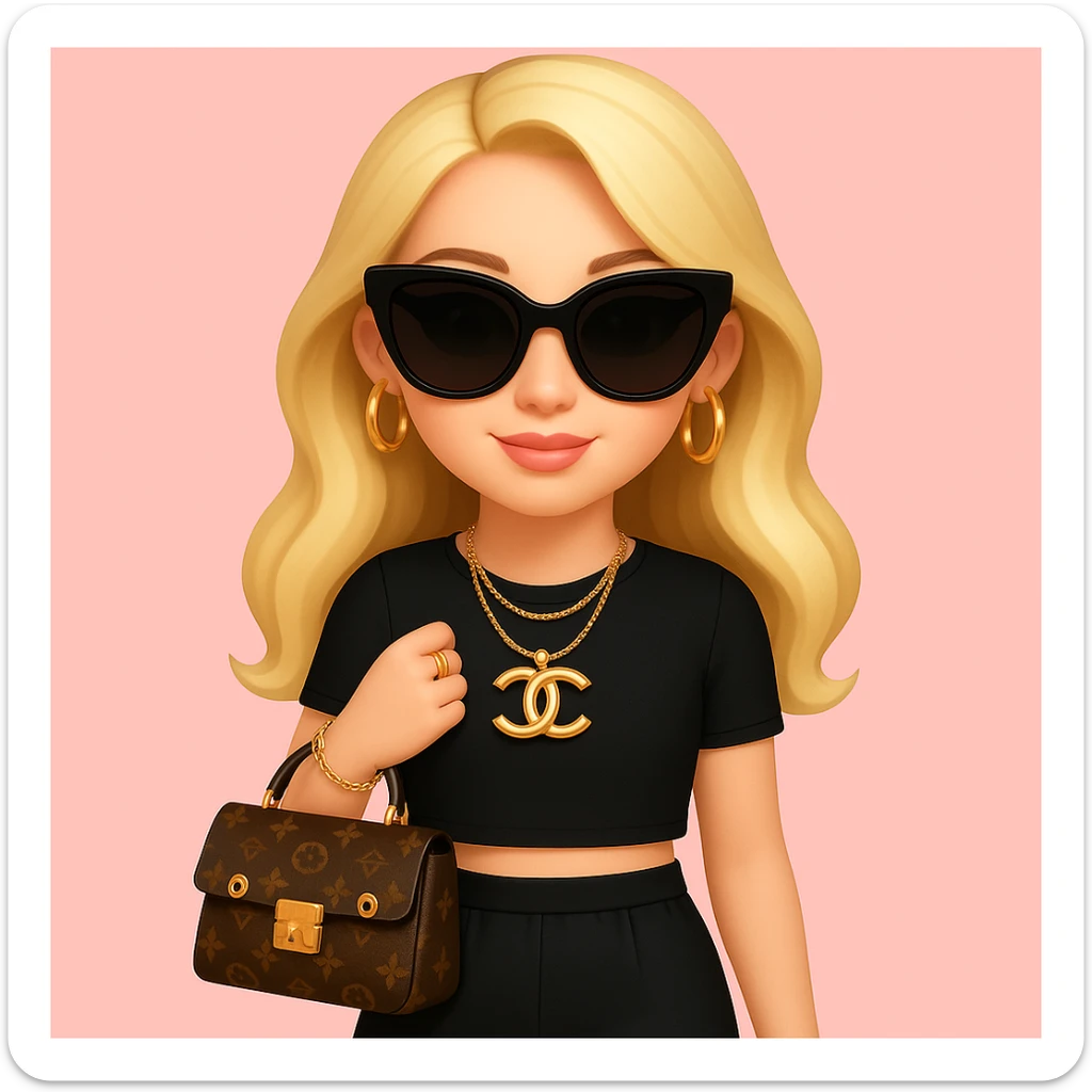 Add stylish black sunglasses and gold jewelry including earrings and a necklace to the girl. Keep the pink background and outfit unchanged. Maintain the original style and details of the girl while adding these accessories. sticker