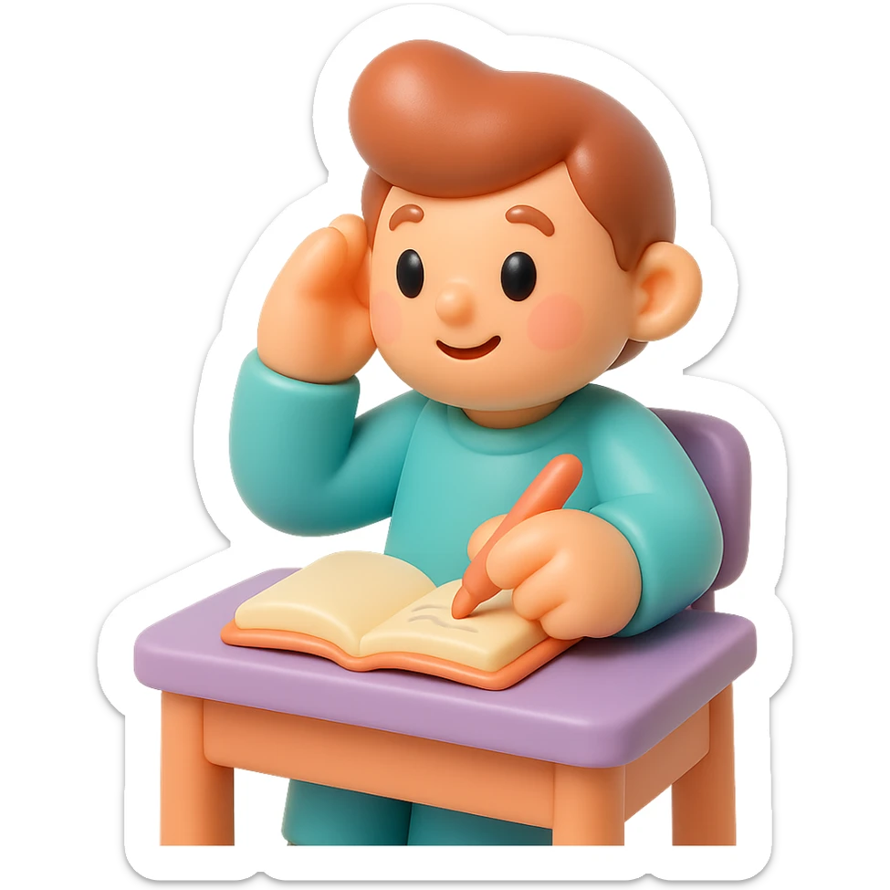 beginner author, sitting at a desk with a notebook, looking inspired and imaginative sticker