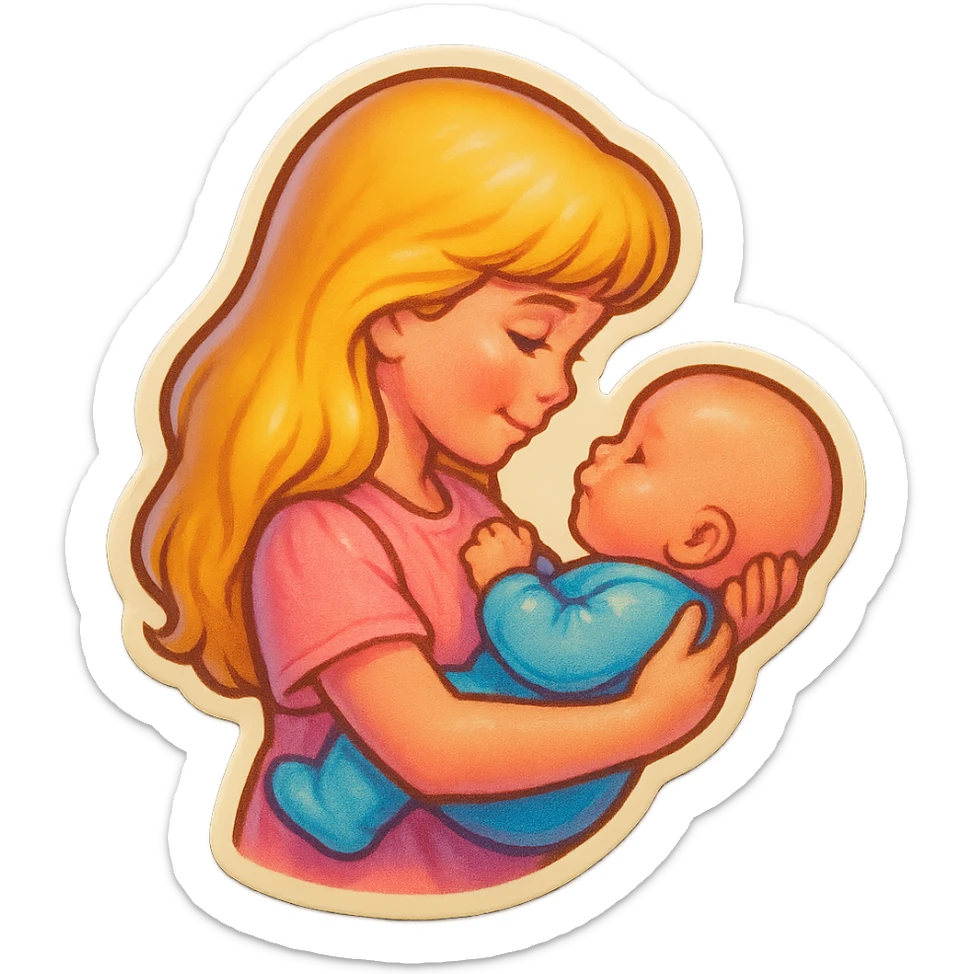 girl with long blonde hair holding a baby in her arms, gently looking at the baby, side view, retro stickers style, thin clean outlines, soft rounded shapes, pastel palette, retro sticker aesthetic, detailed shadows and highlights, soft lighting sticker